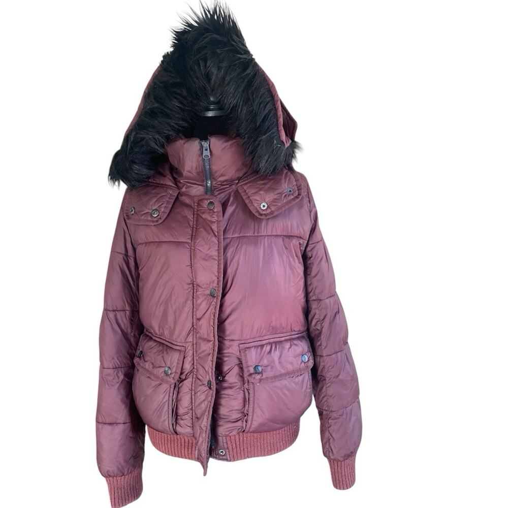 Abercrombie & Fitch Y2K Puffer Jacket Womens M Burgundy Faux Fur Hood Fleece
